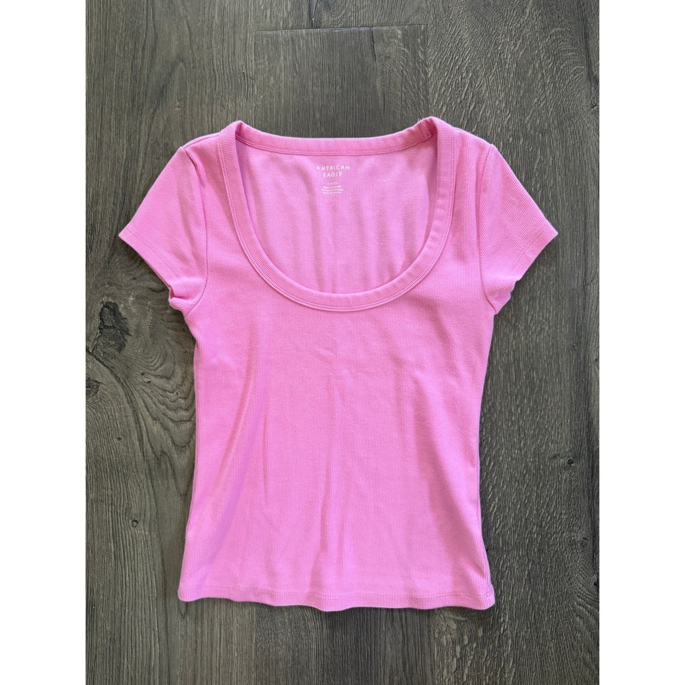 American Eagle Hey Baby AE Ribbed Scoop Neck Tee Size S Pink Cotton Blend NWOT